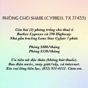 PHÒNG CHO SHARE (CYPRESS, TX)